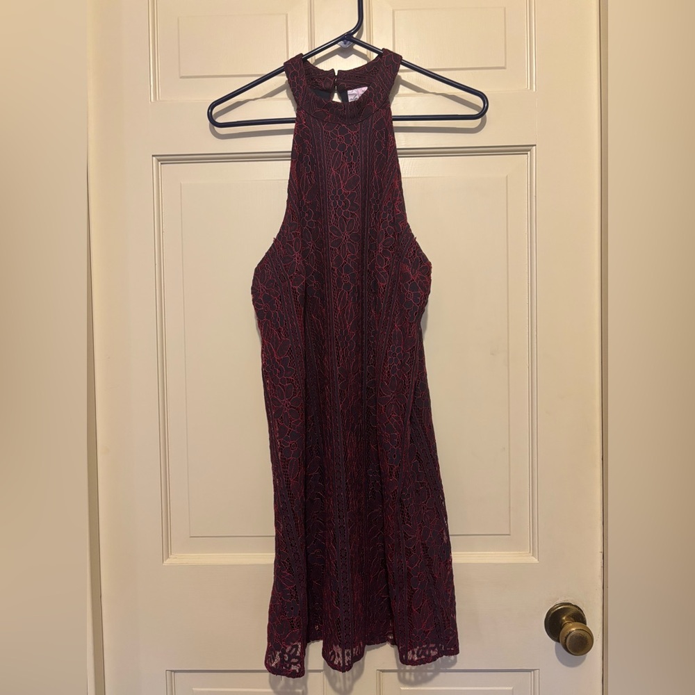 Women’s blue red floral lace halter sleeveless women’s dress party dance flare